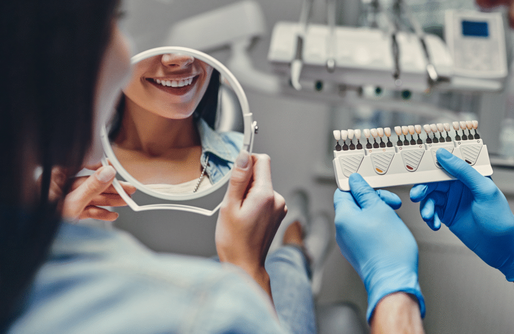 A patient smiling in the mirror while a dentist compares tooth shades for whitening treatment — featured in Best Dental Clinics in Kokapet Compared (Honest Review 2025).
