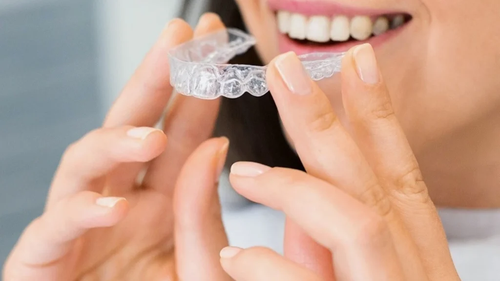 A close-up of a person smiling while holding a clear Invisalign aligner near their mouth, preparing to place the transparent dental tray over their teeth.